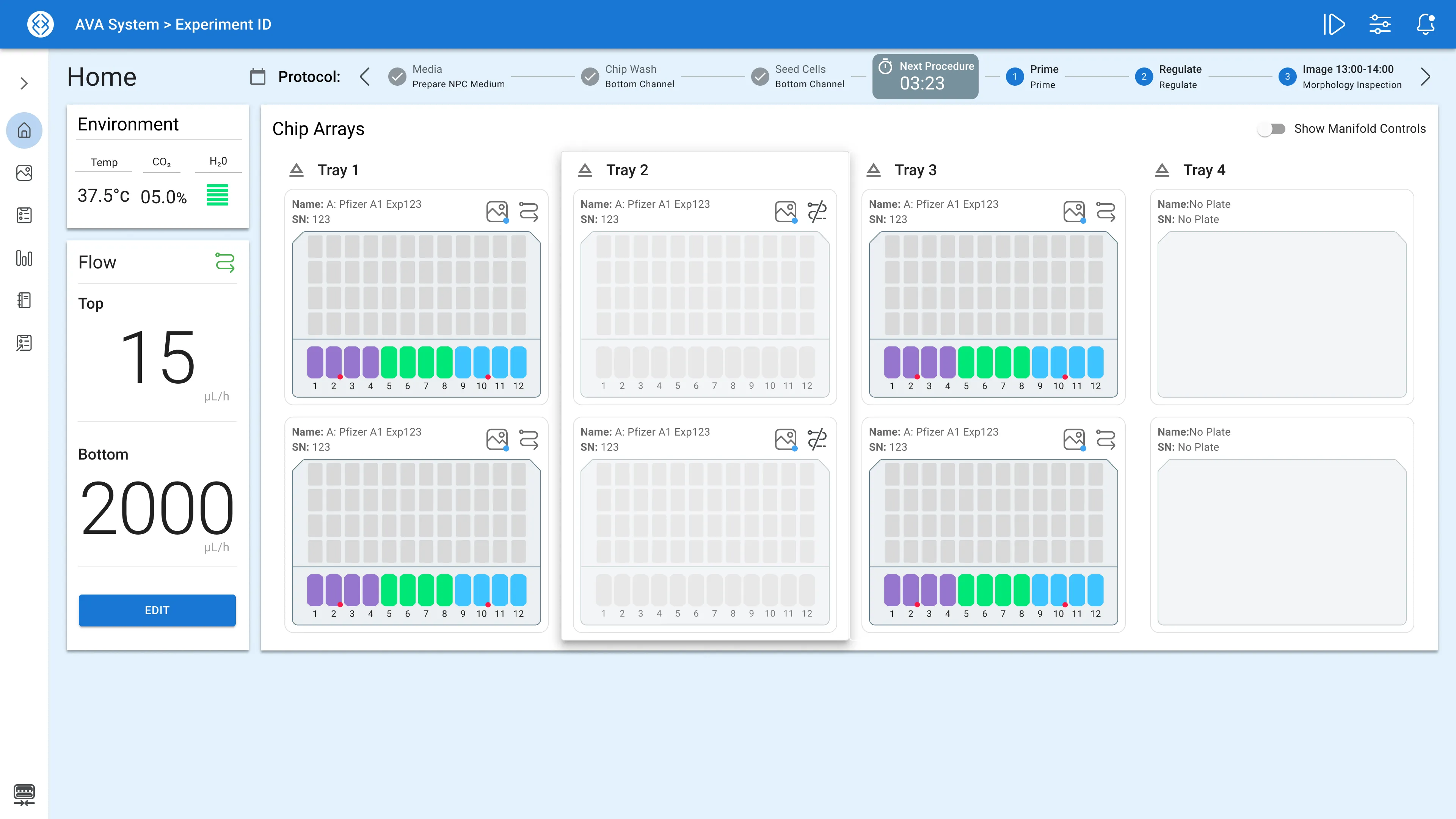The dashboard for Emulate's AVA desktop application, displaying current status of trays dosed with drug concentrations and environment statuses in real-time.