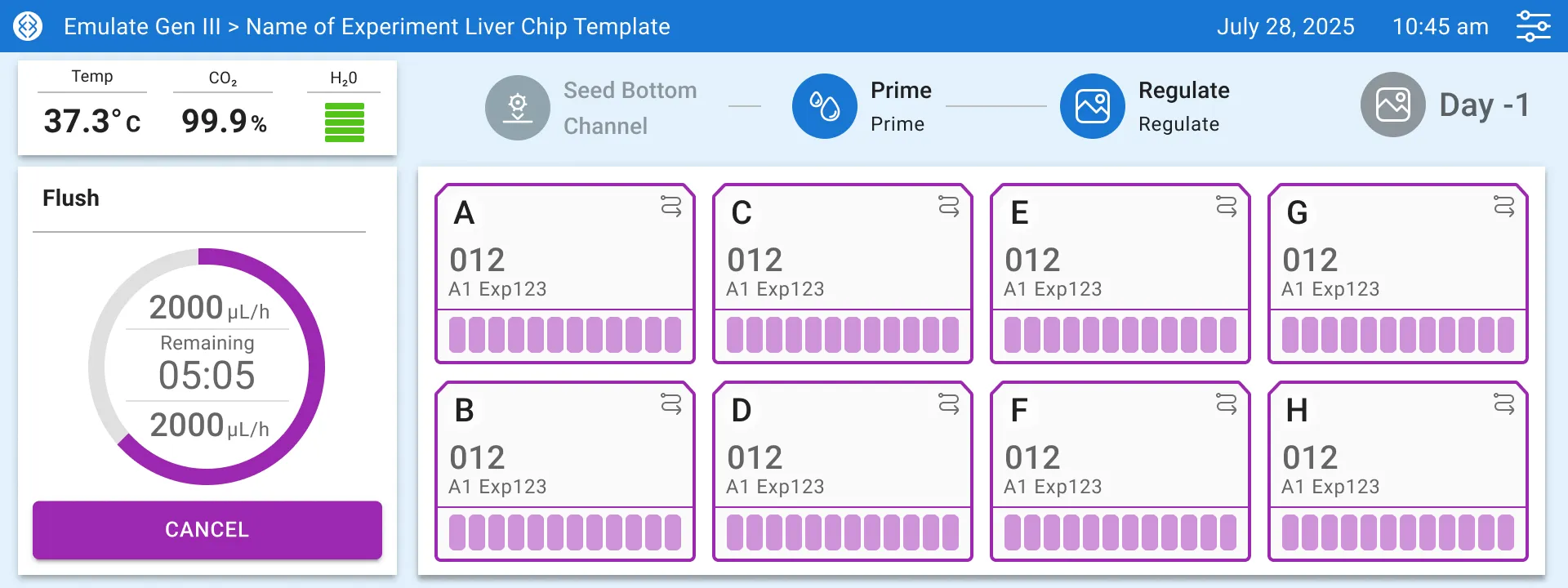 The embedded UI displaying a flush cycle for selected emulations, in real-time and in sync with the desktop application.