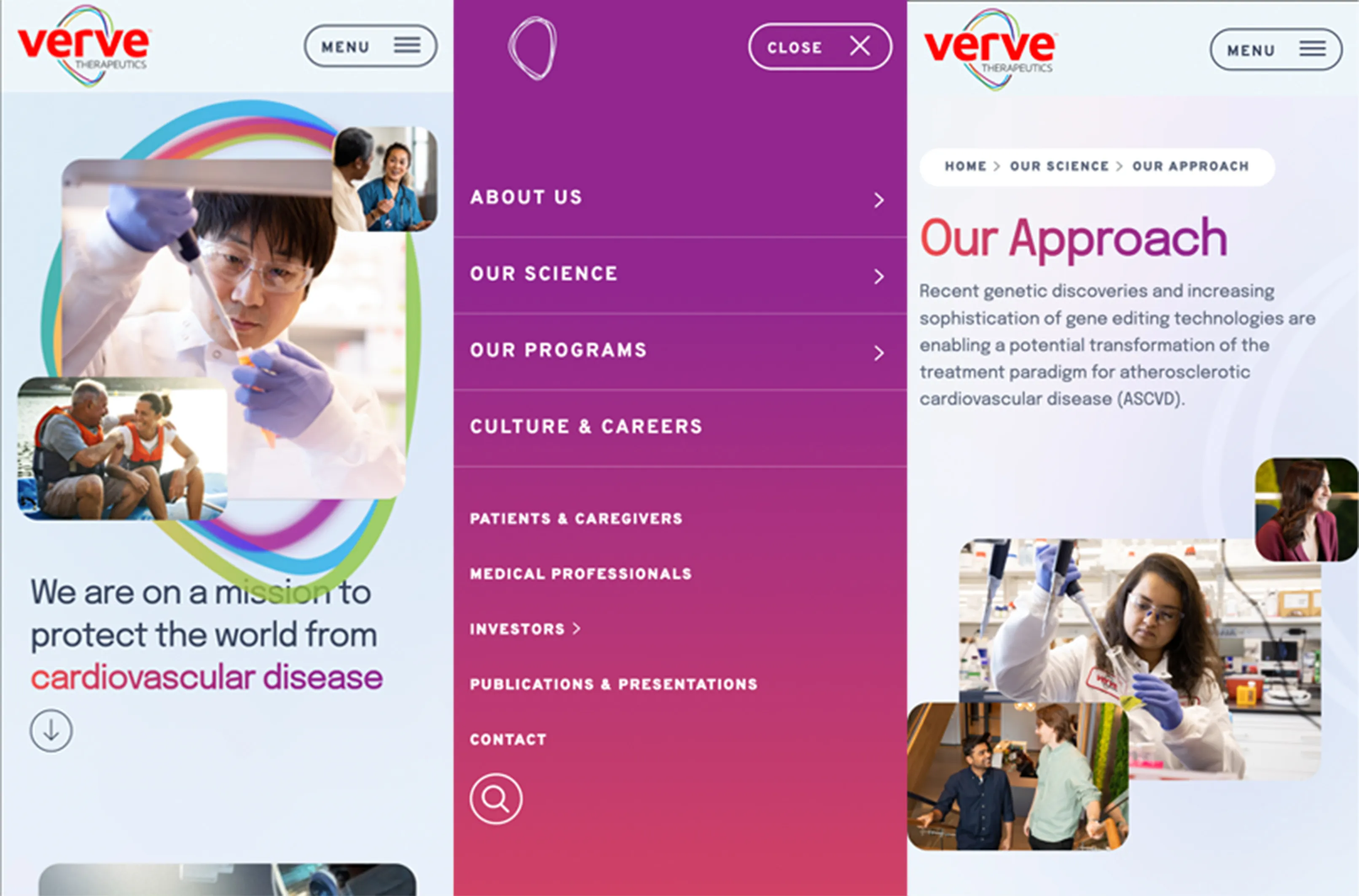 Mobile views for the home page, take over menu and an interior page, containing a variety of components used throughout the application.