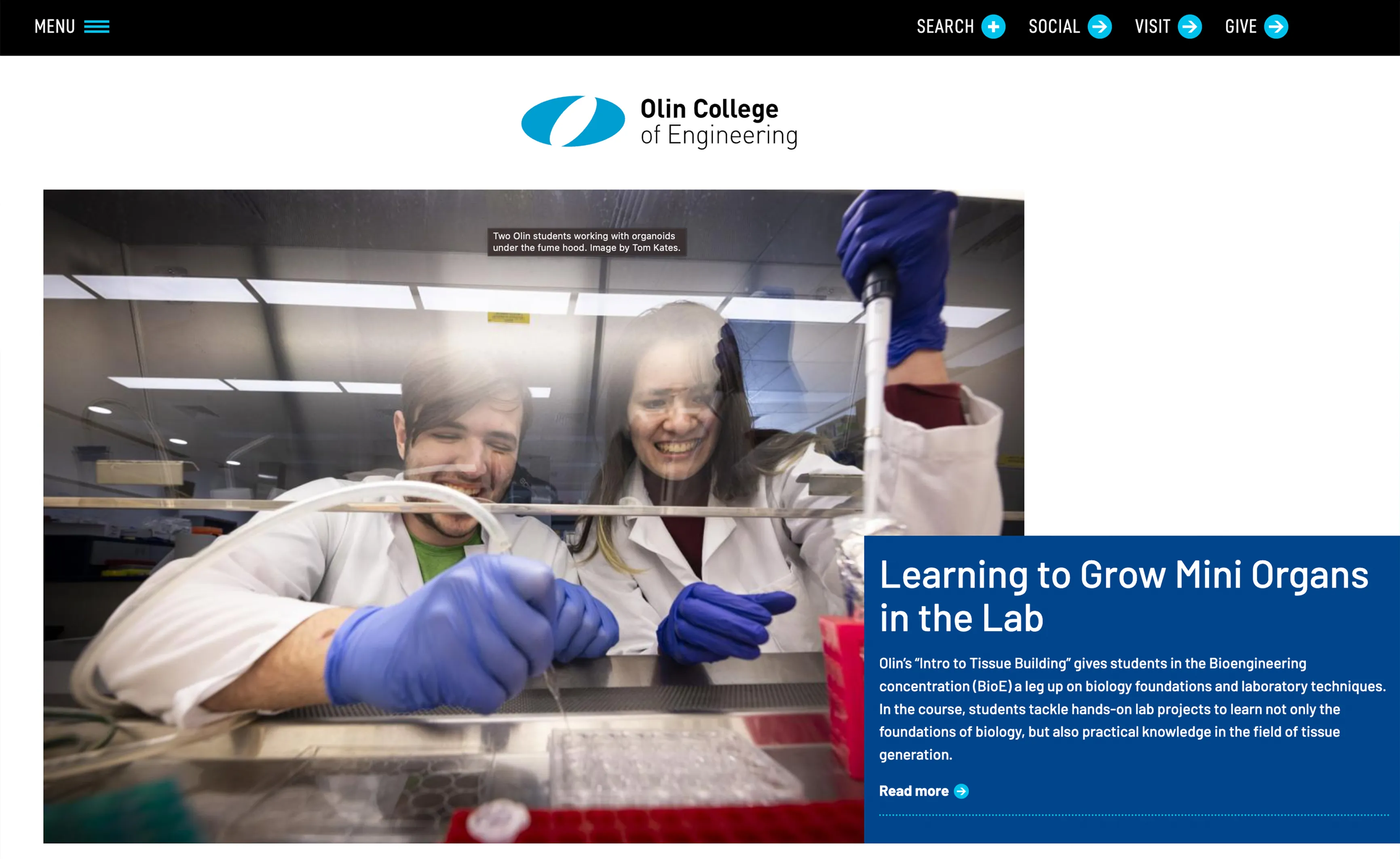 The desktop home page for Olin College of Engineering.